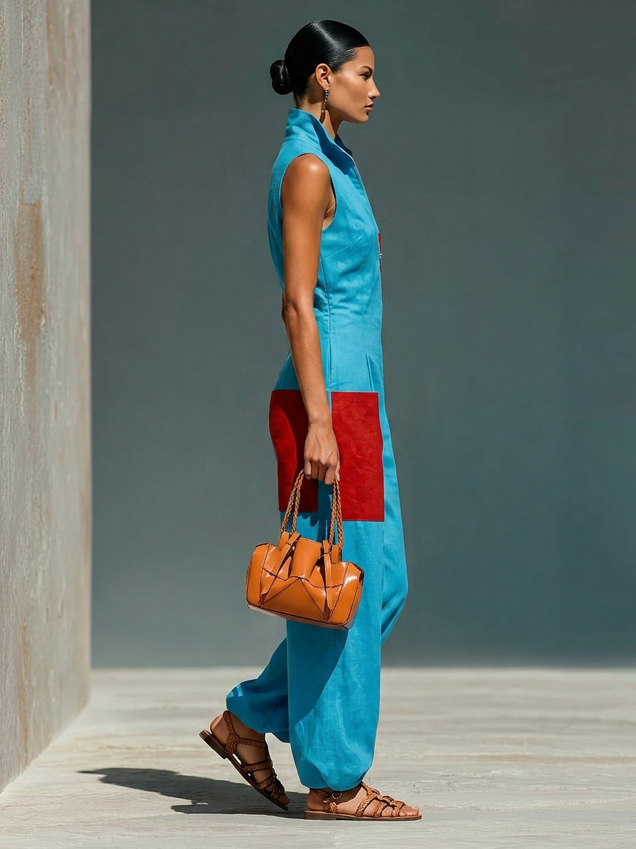 Women's Red Linen Sleeveless Stand Collar Jumpsuit – ModClo