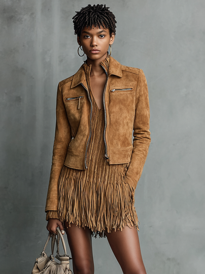 Women's Suede Zipper Lapel Jacket – ModClo