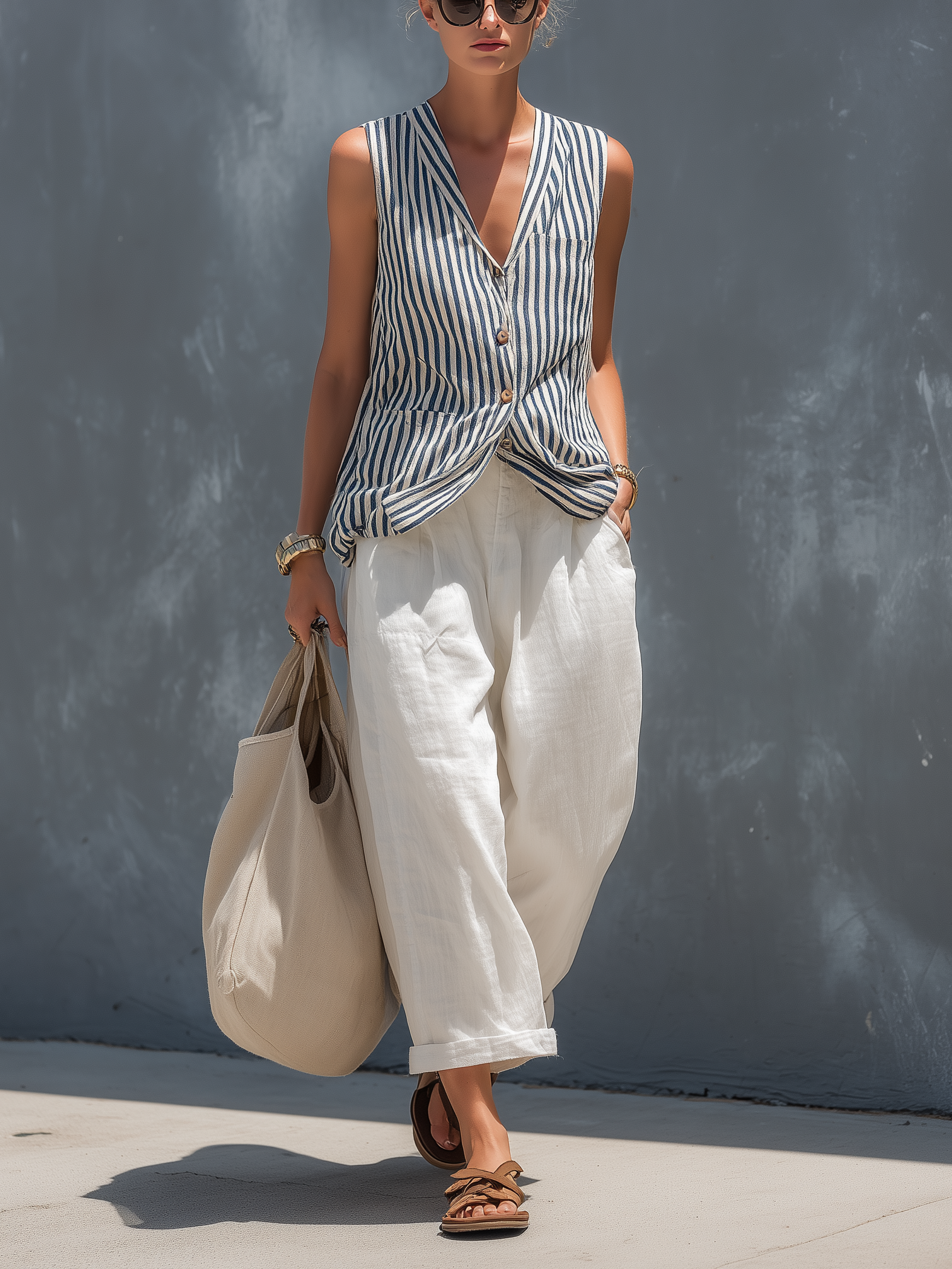 Women's White Linen Sleeveless Striped Set – ModClo