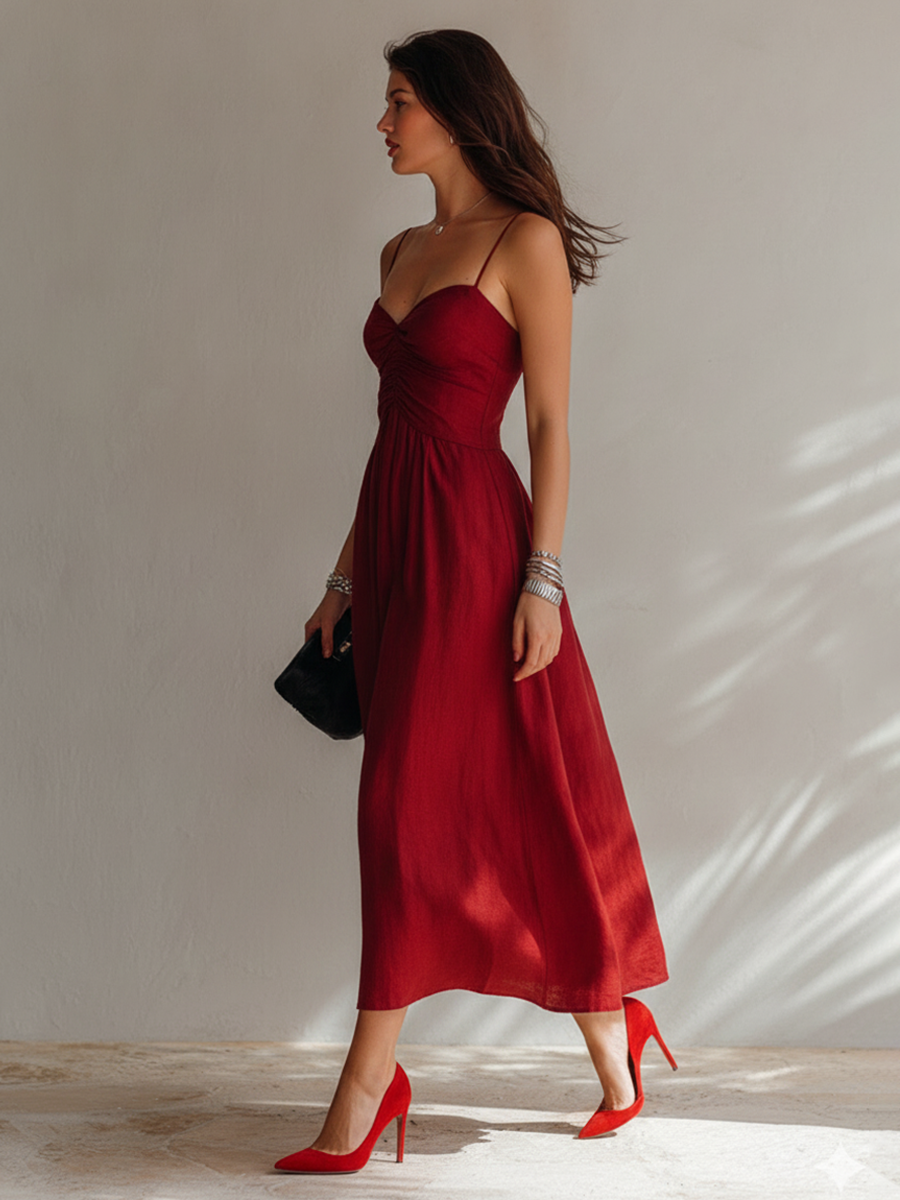 Women's Linen Ruched Midi Dress – ModClo