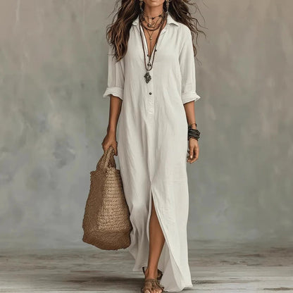 Women's Linen Maxi Shirt Dress with Front Slit