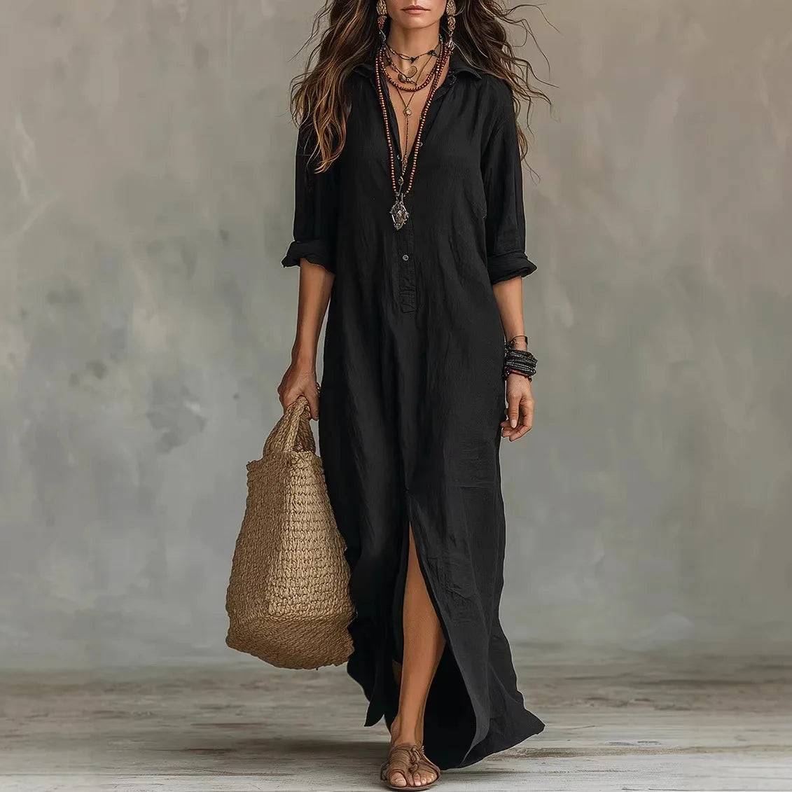 Women's Linen Maxi Shirt Dress with Front Slit