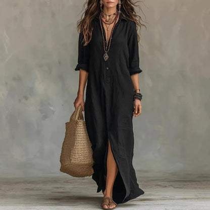 Women's Linen Maxi Shirt Dress with Front Slit