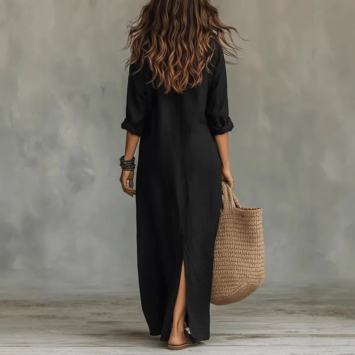 Women's Linen Maxi Shirt Dress with Front Slit