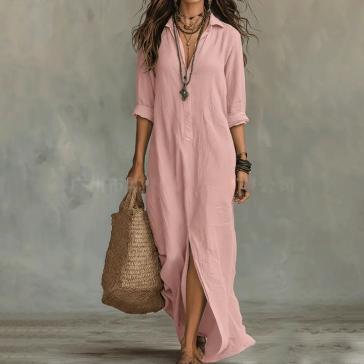 Women's Linen Maxi Shirt Dress with Front Slit