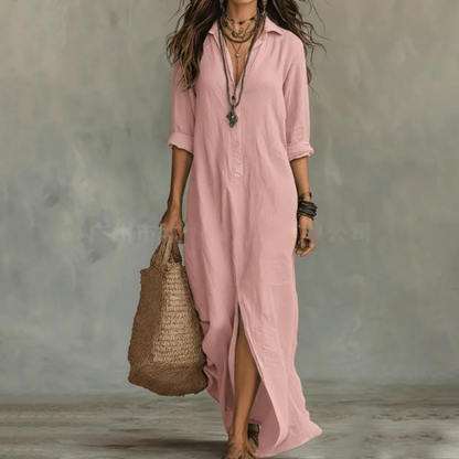 Women's Linen Maxi Shirt Dress with Front Slit
