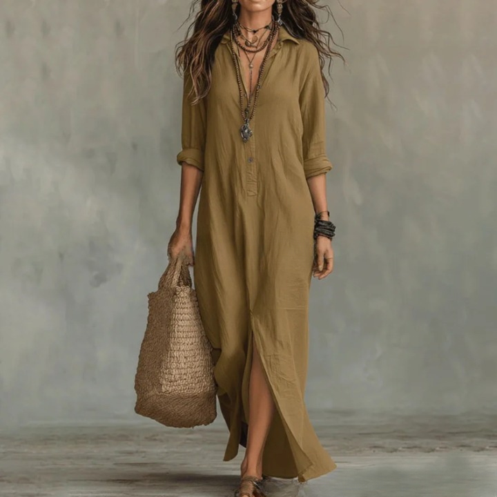 Women's Linen Maxi Shirt Dress with Front Slit