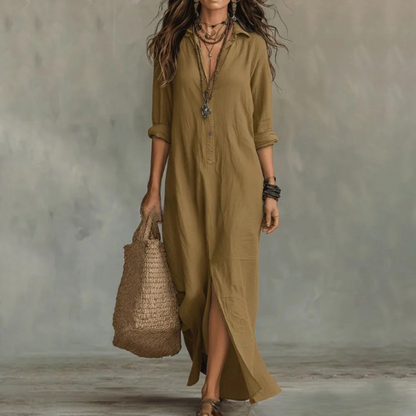 Women's Linen Maxi Shirt Dress with Front Slit