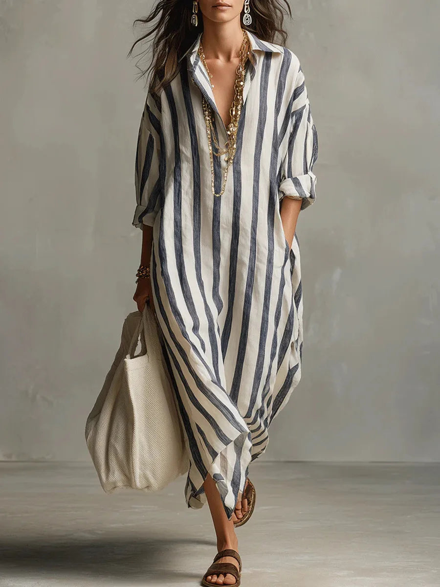 Women's Striped Linen Oversized Maxi Shirt Dress