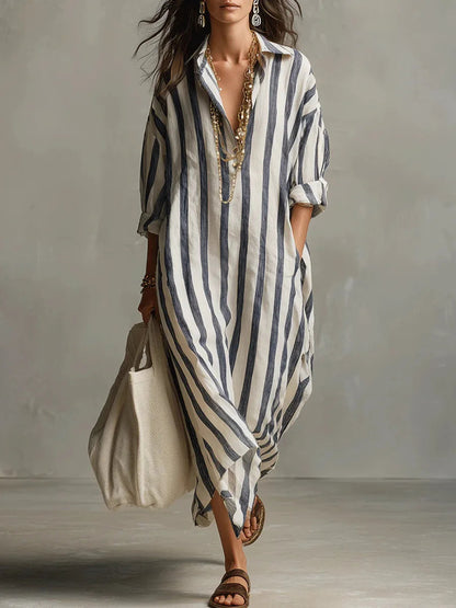 Women's Striped Linen Oversized Maxi Shirt Dress