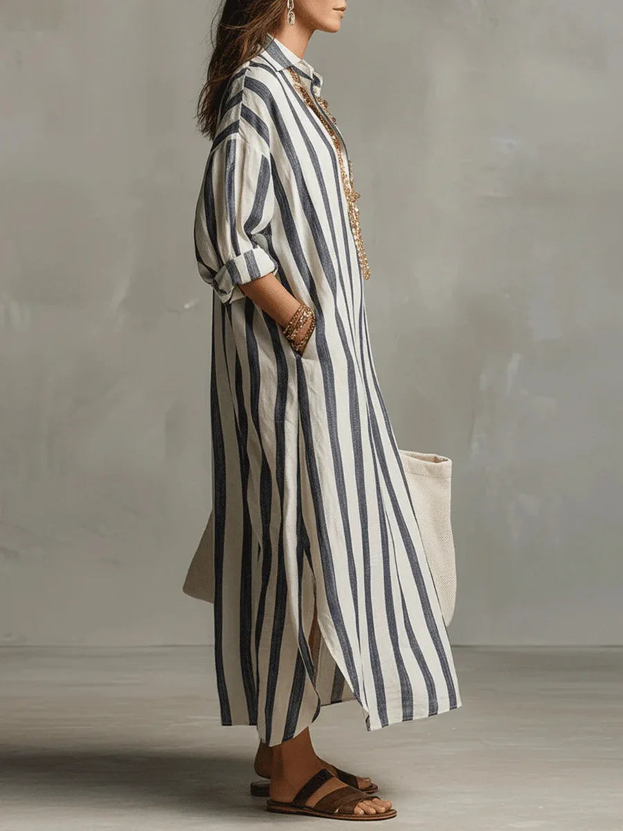 Women's Striped Linen Oversized Maxi Shirt Dress
