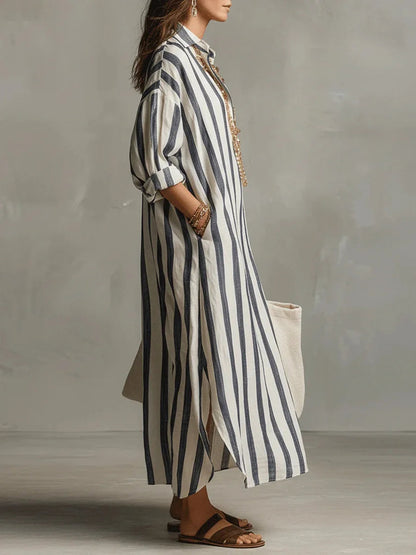 Women's Striped Linen Oversized Maxi Shirt Dress