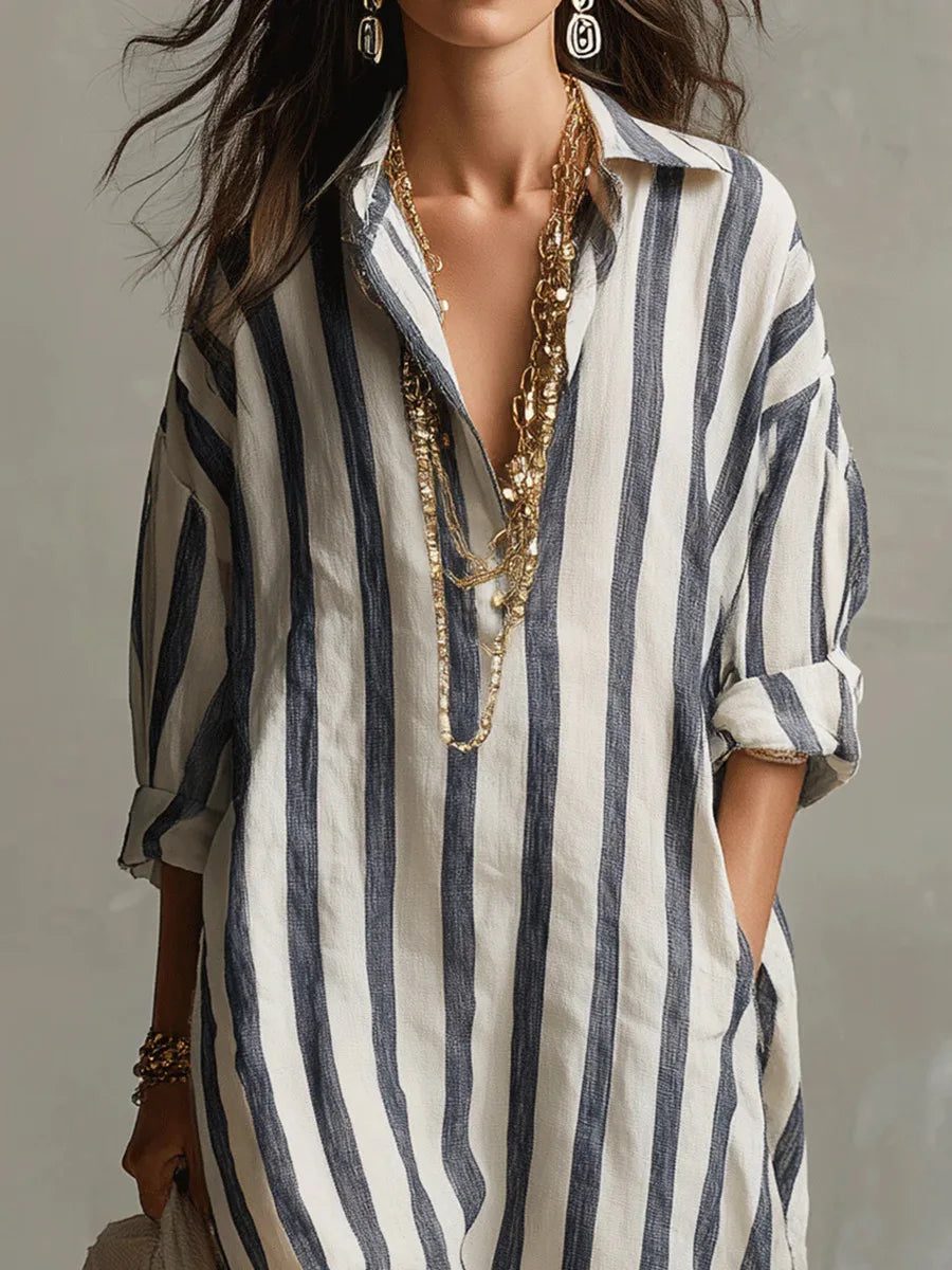 Women's Striped Linen Oversized Maxi Shirt Dress