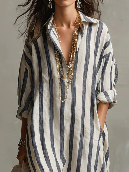 Women's Striped Linen Oversized Maxi Shirt Dress