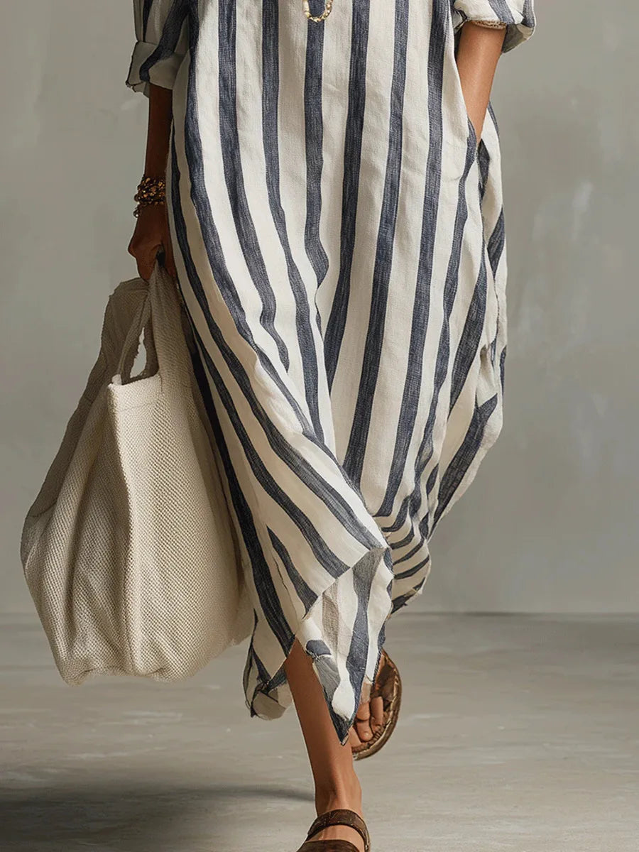 Women's Striped Linen Oversized Maxi Shirt Dress