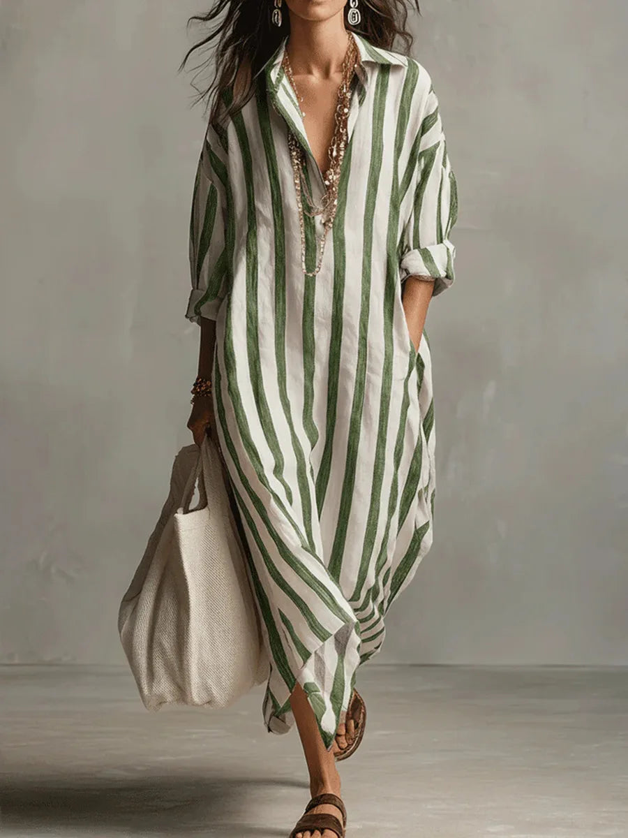 Women's Striped Linen Oversized Maxi Shirt Dress