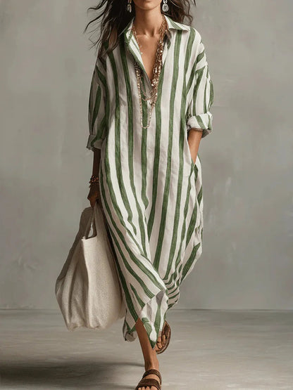 Women's Striped Linen Oversized Maxi Shirt Dress