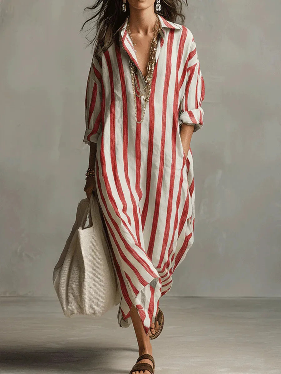 Women's Striped Linen Oversized Maxi Shirt Dress