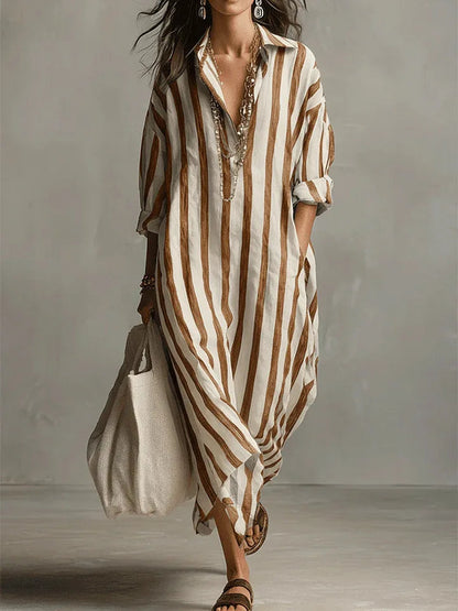 Women's Striped Linen Oversized Maxi Shirt Dress