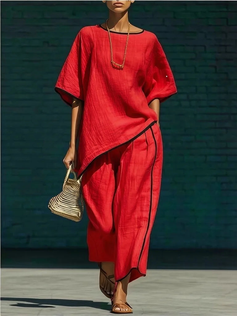 Women's Linen Oversized Cropped Wide Leg Trouser Set
