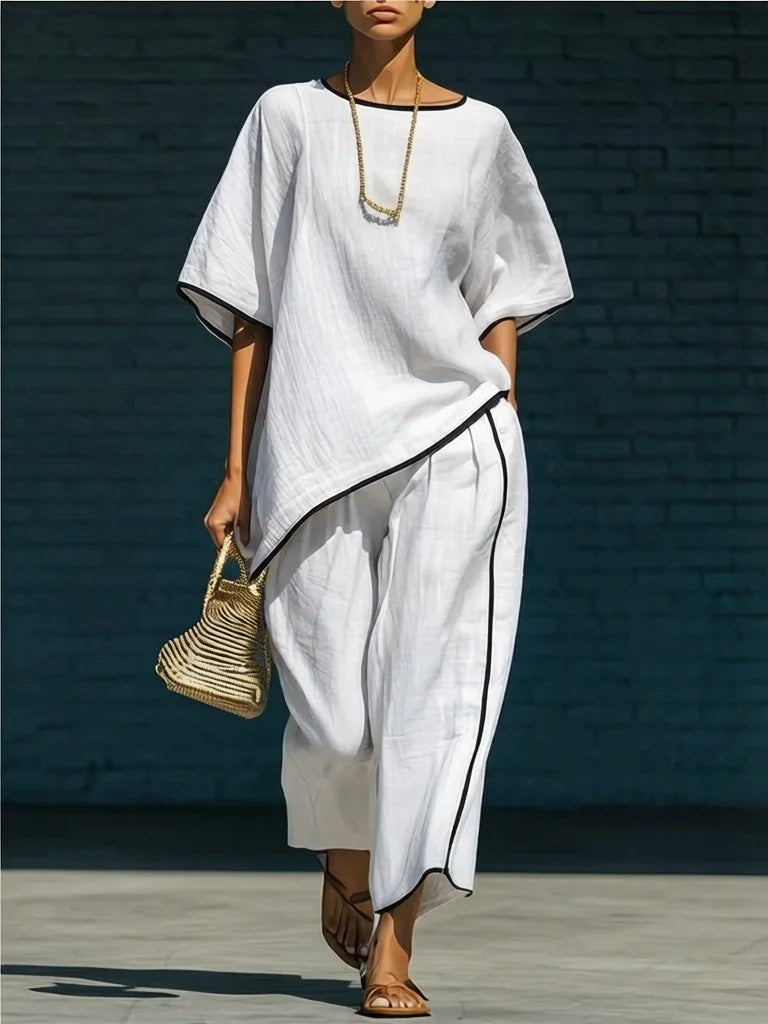 Women's Linen Oversized Cropped Wide Leg Trouser Set