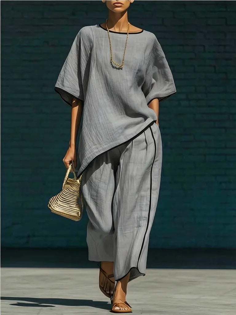 Women's Linen Oversized Cropped Wide Leg Trouser Set