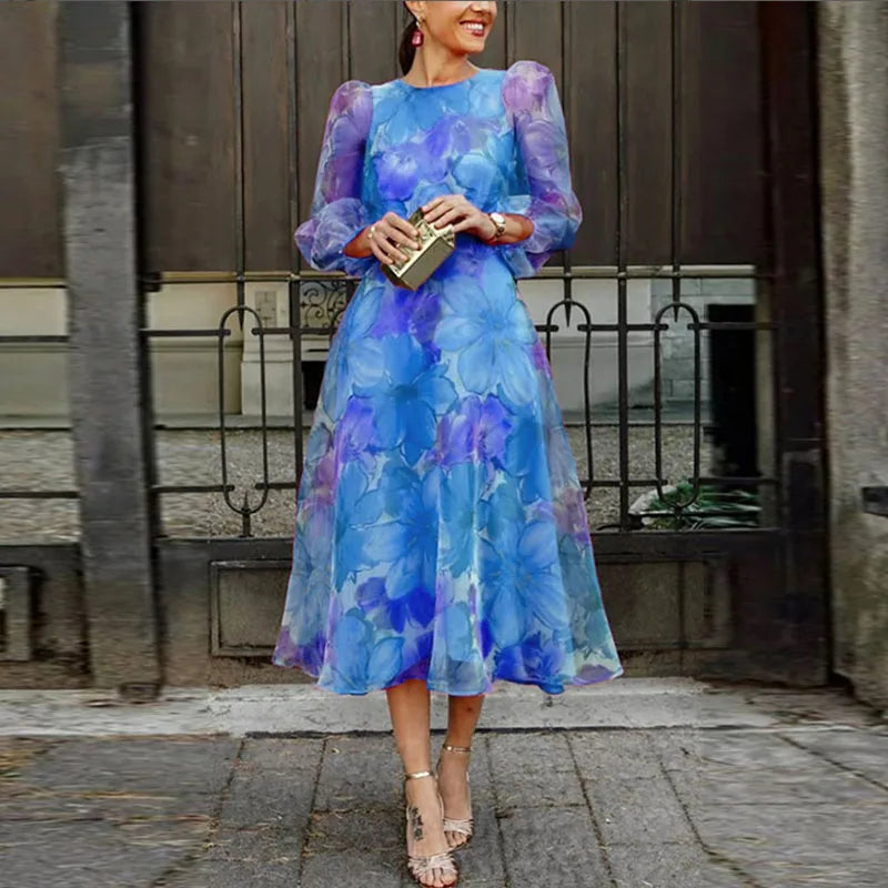 Women's Floral Organza Long-Sleeve Midi Dress – Wedding Guest