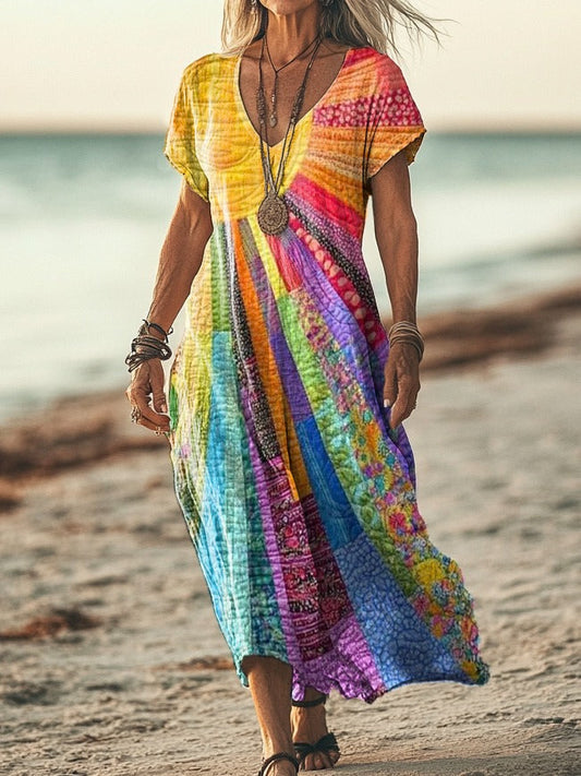 Women's Bohemian Sun Print Dress Long Sleeve