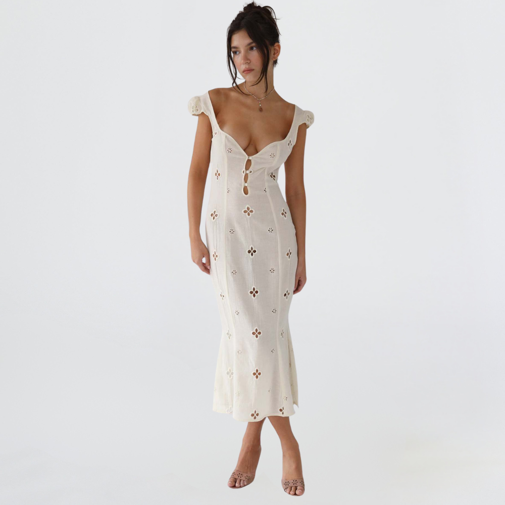 Women's White Eyelet Lace Mermaid Midi Dress – Cut-Out Bodice