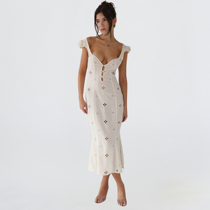 Women's White Eyelet Lace Mermaid Midi Dress – Cut-Out Bodice