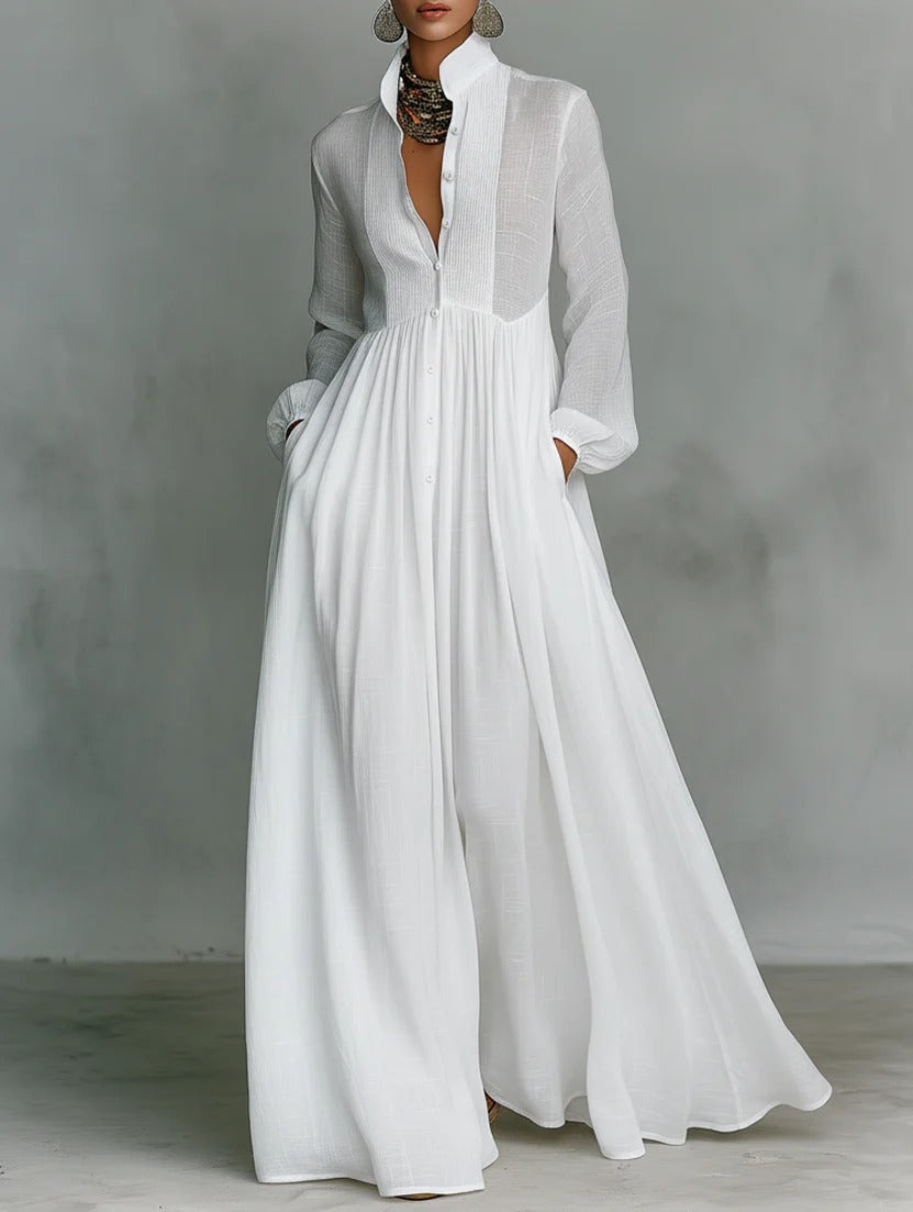Women's Button-Front Maxi Dress Flowing White