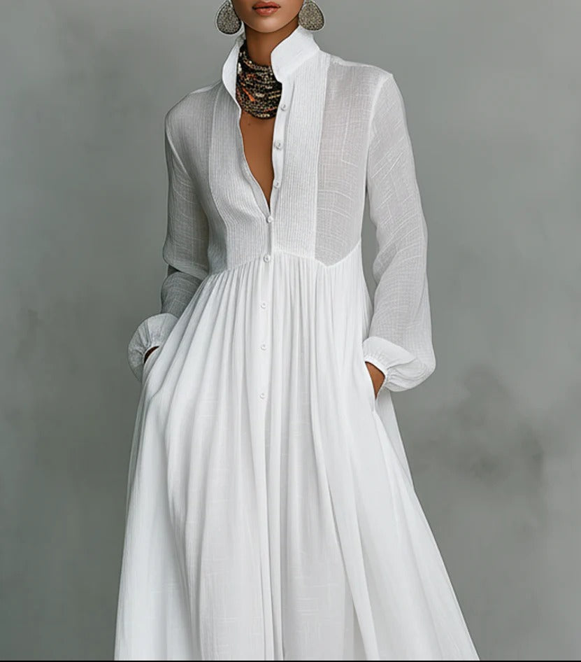 Women's Button-Front Maxi Dress Flowing White