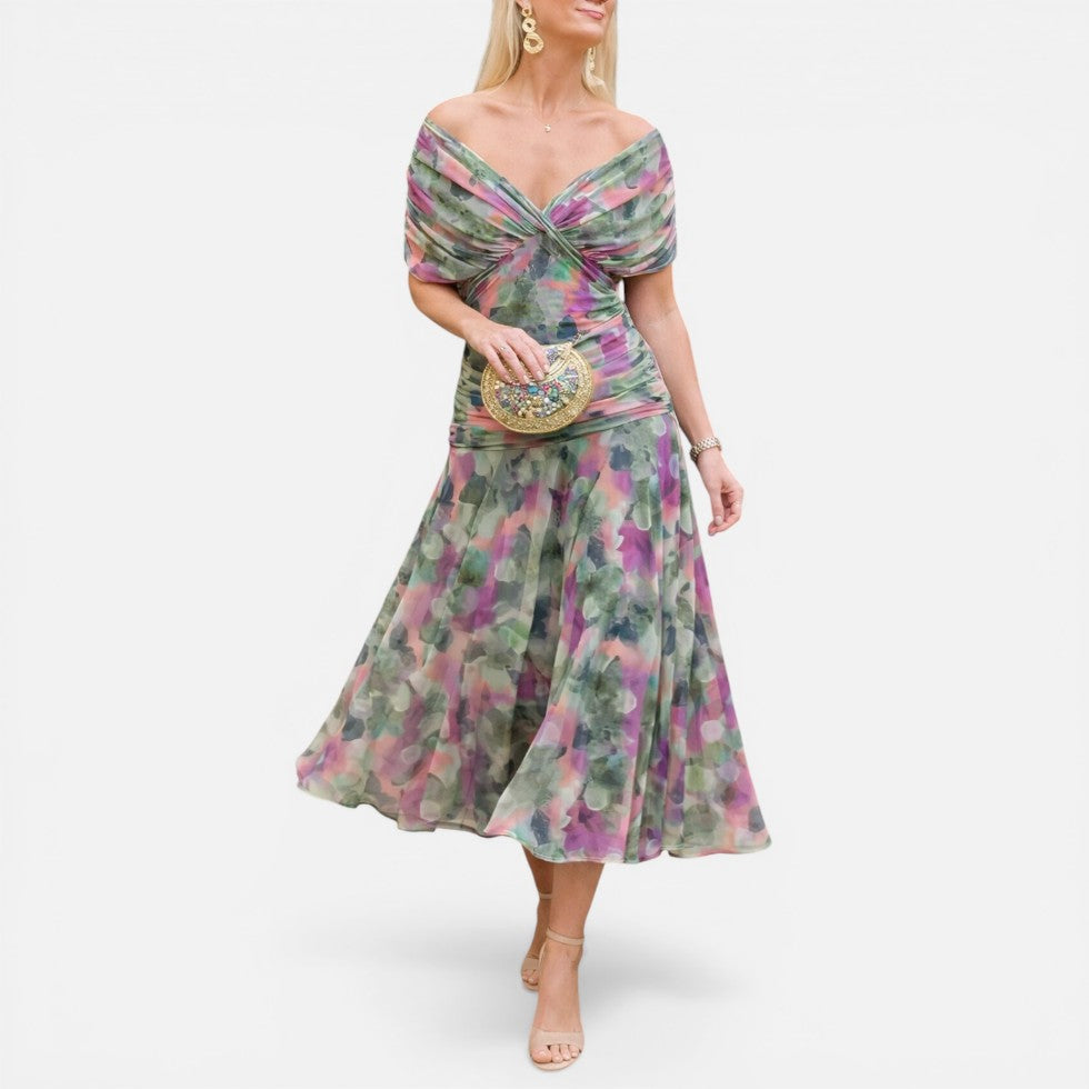 Off Shoulder Floral Midi Dress Ruched Waist – ModClo, view 13