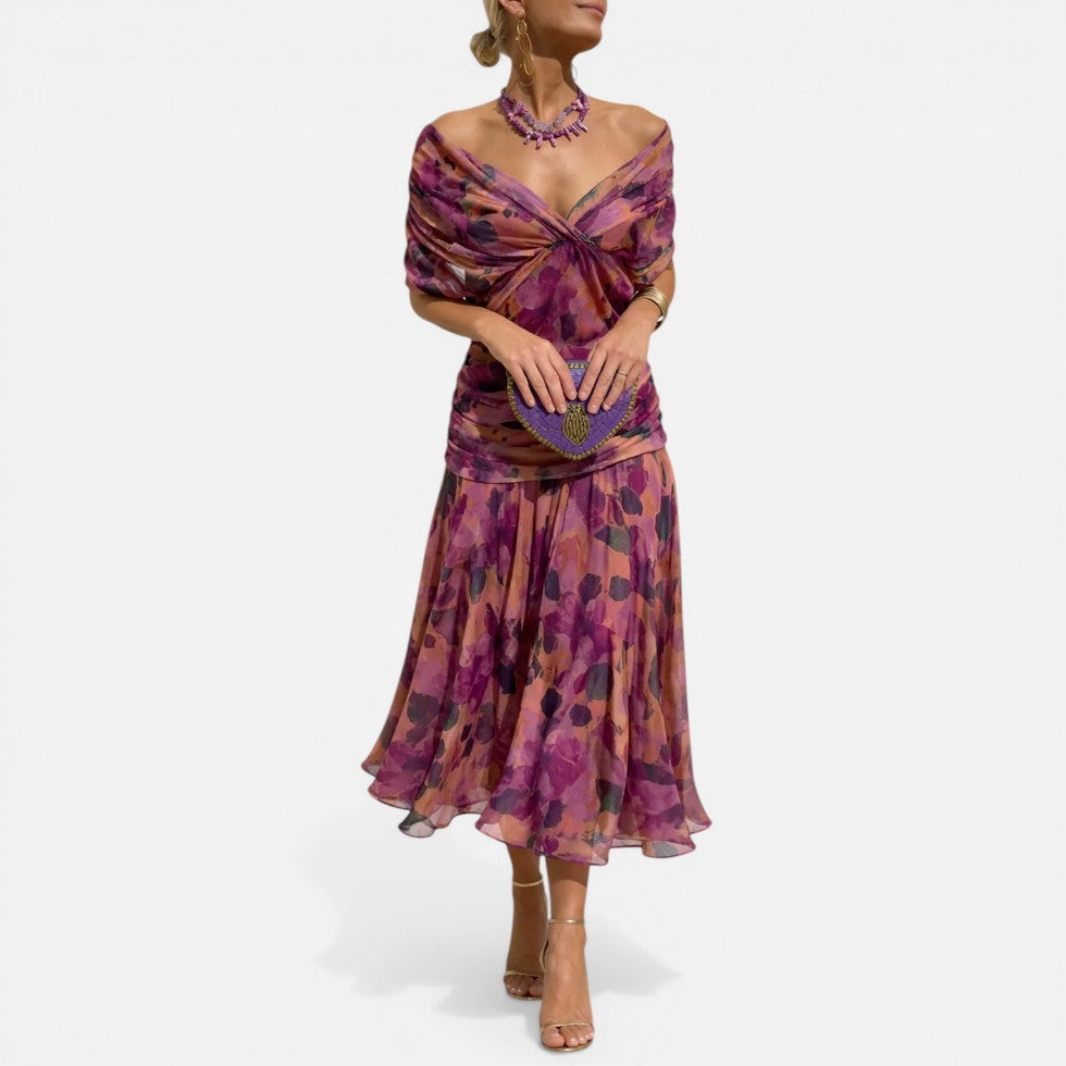 Off Shoulder Floral Midi Dress Ruched Waist – ModClo, main view