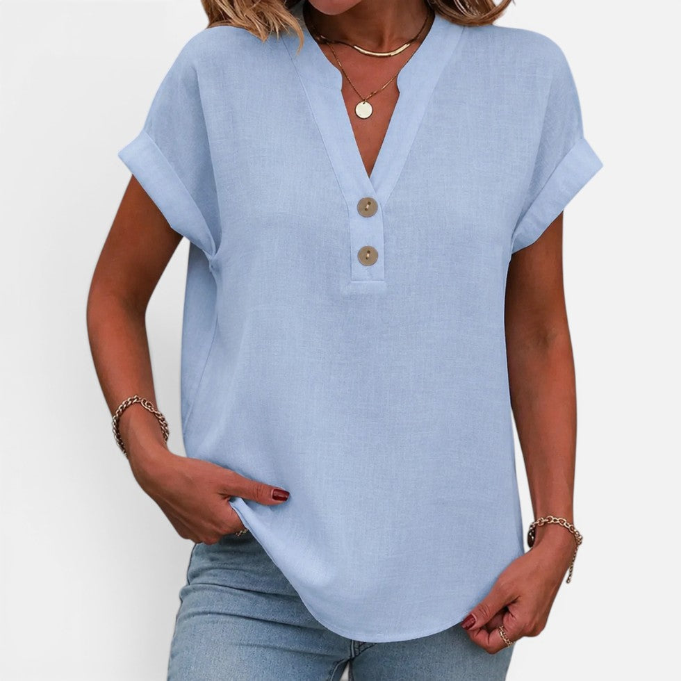 Button Detail V-Neck Short-Sleeve Blouse – ModClo, view 6