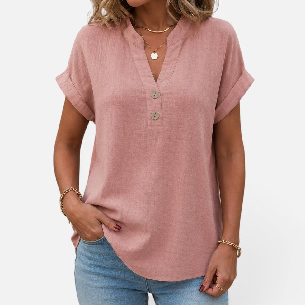 Button Detail V-Neck Short-Sleeve Blouse – ModClo, view 4