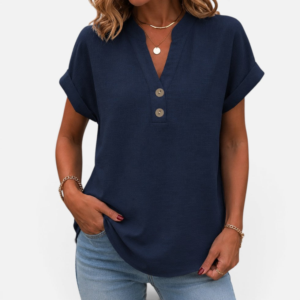 Button Detail V-Neck Short-Sleeve Blouse – ModClo, main view