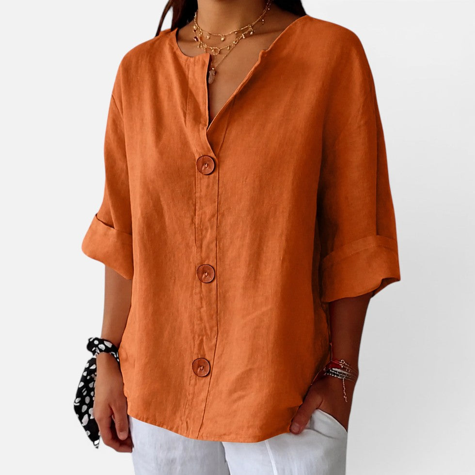 Linen Button Front Relaxed Fit Blouse – ModClo, view 4
