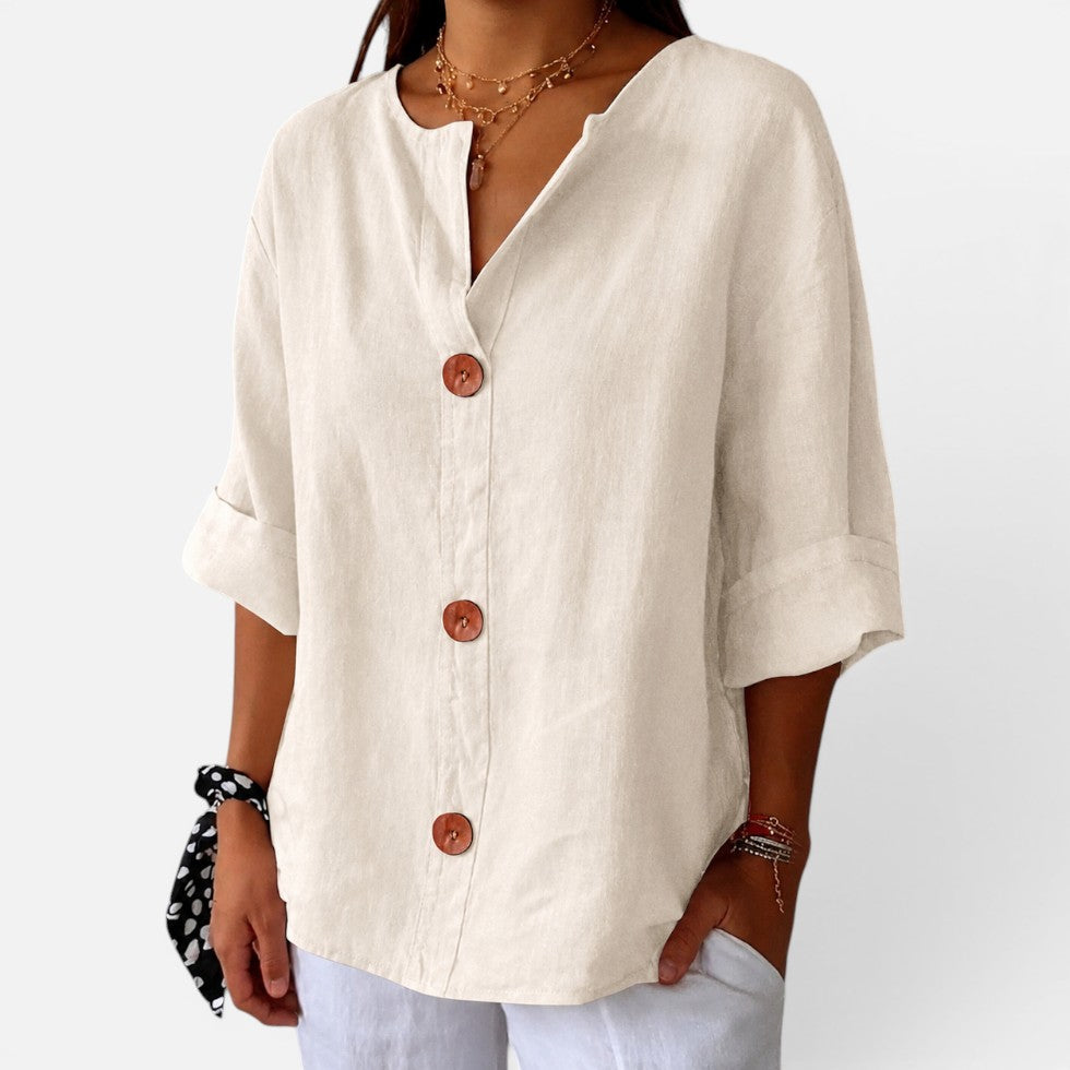 Linen Button Front Relaxed Fit Blouse – ModClo, view 2