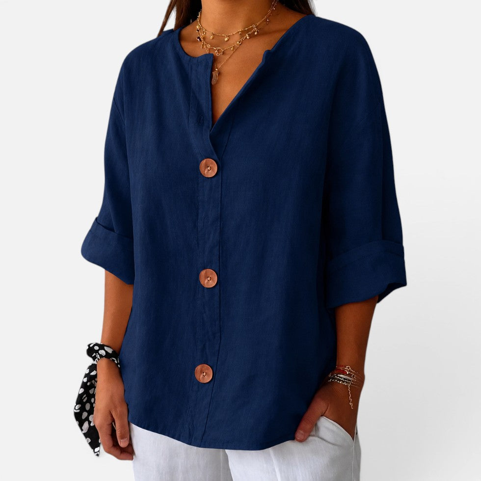 Linen Button Front Relaxed Fit Blouse – ModClo, view 5