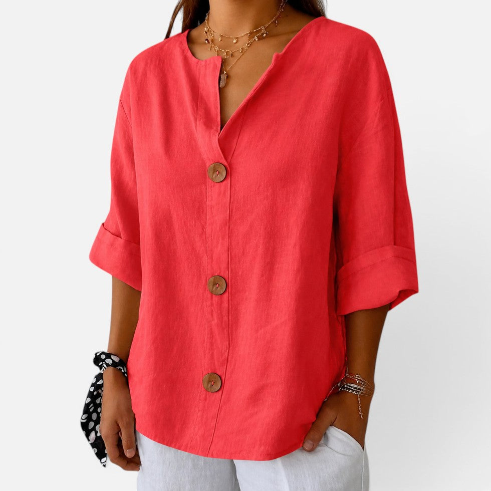 Linen Button Front Relaxed Fit Blouse – ModClo, view 6
