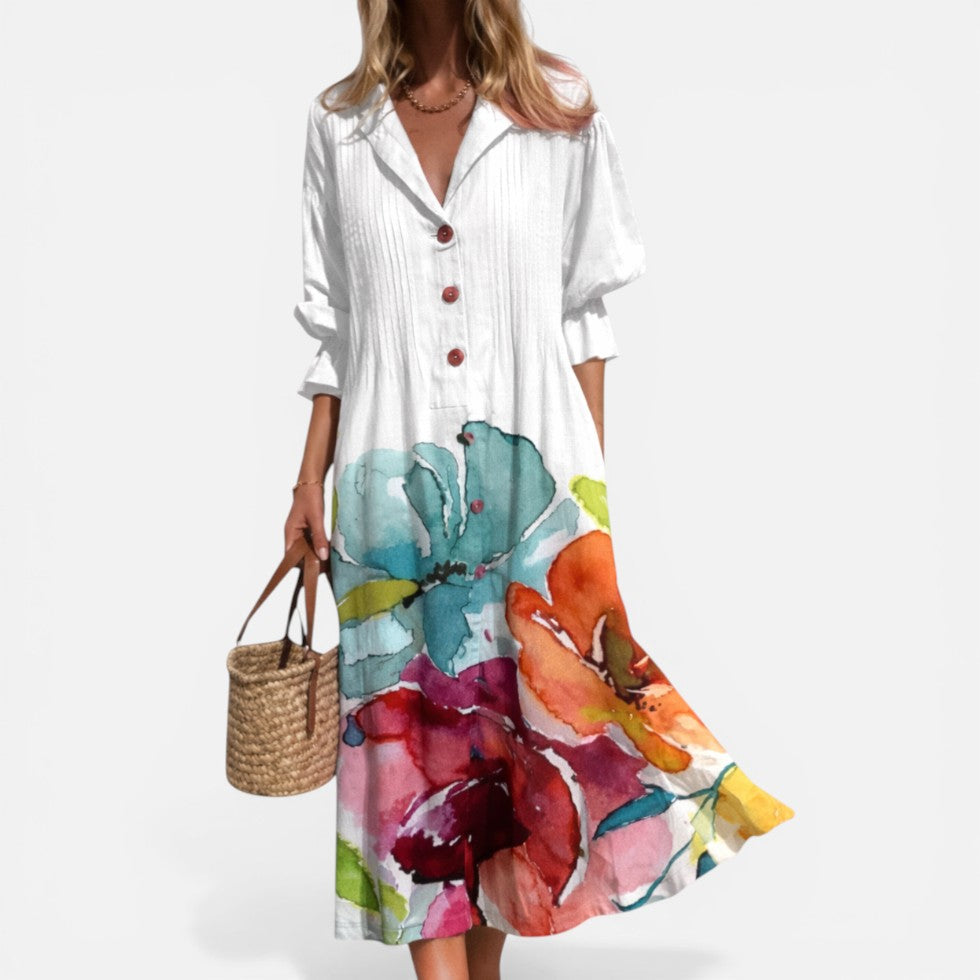 Relaxed Printed Shirt Dress with Button Front