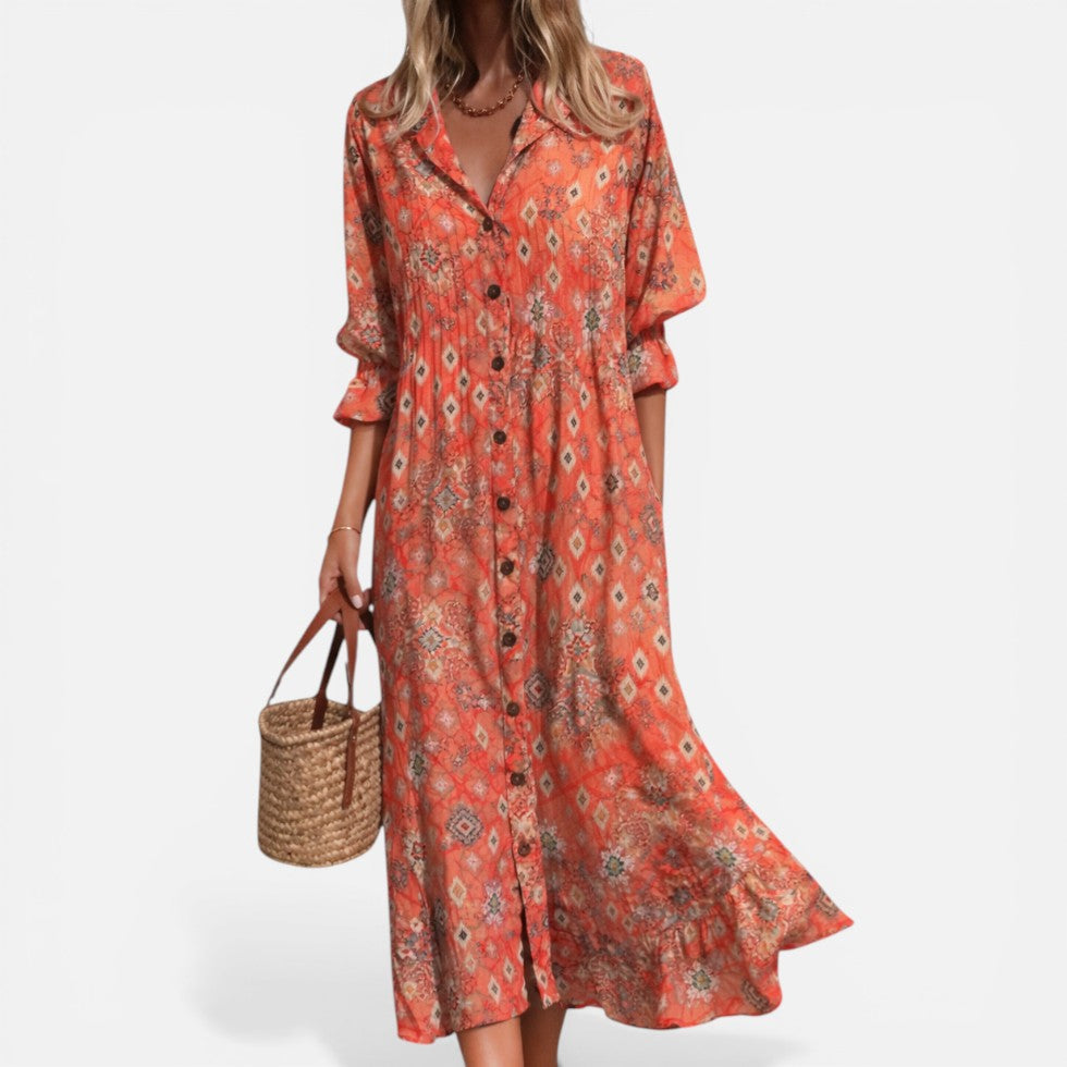 Relaxed Printed Shirt Dress with Button Front