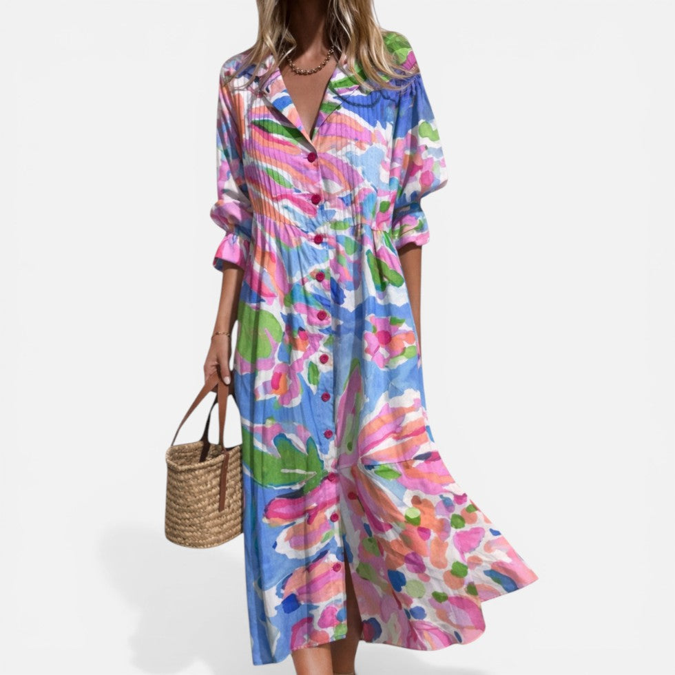 Relaxed Printed Shirt Dress with Button Front