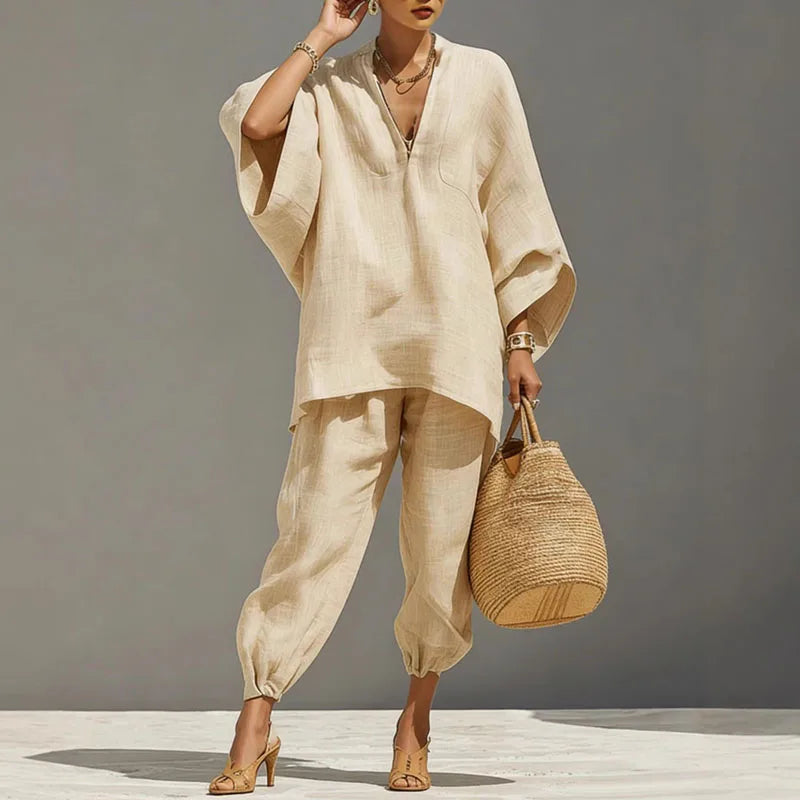 Women's Linen Batwing Top & Tapered Trouser Set
