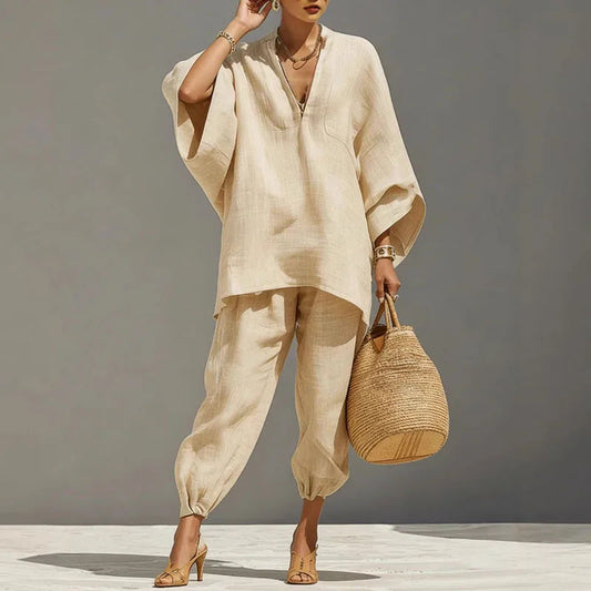Women's Linen Batwing Top & Tapered Trouser Set