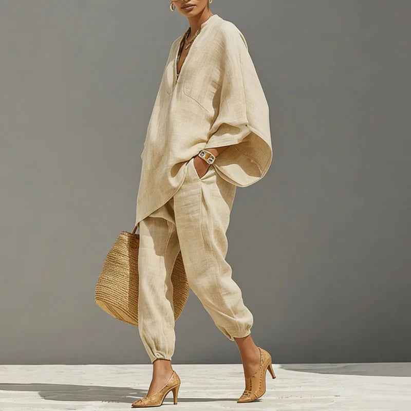 Women's Linen Batwing Top & Tapered Trouser Set