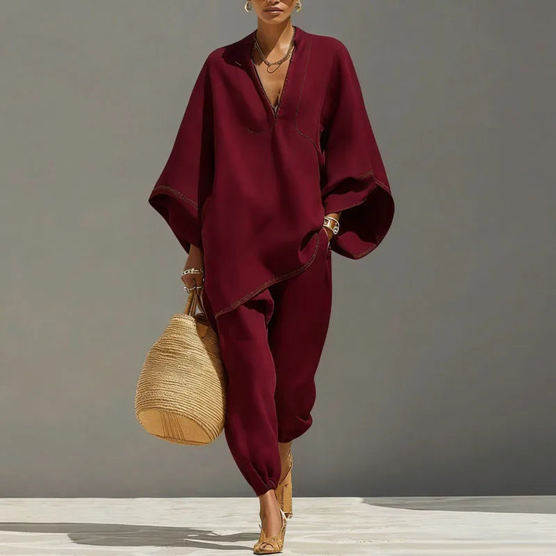 Women's Linen Batwing Top & Tapered Trouser Set