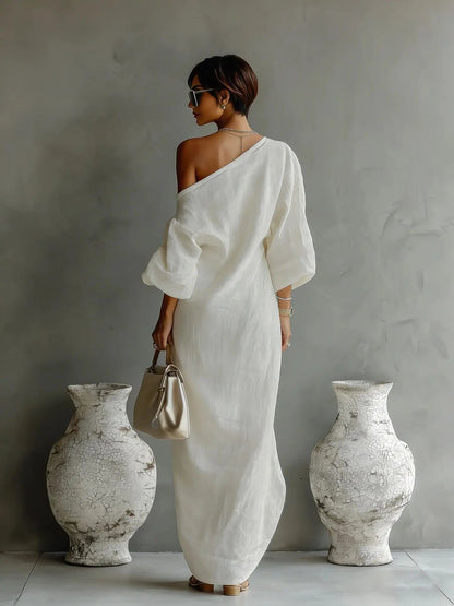 Women's Linen One-Shoulder Maxi Dress