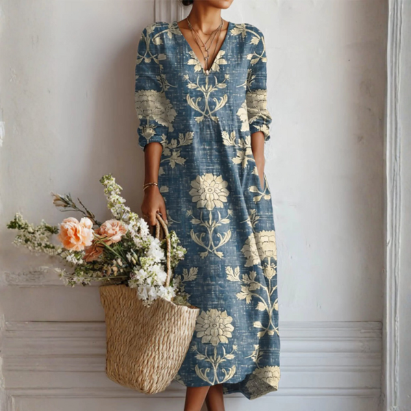 Women's Playful Linen Dress Blue Print